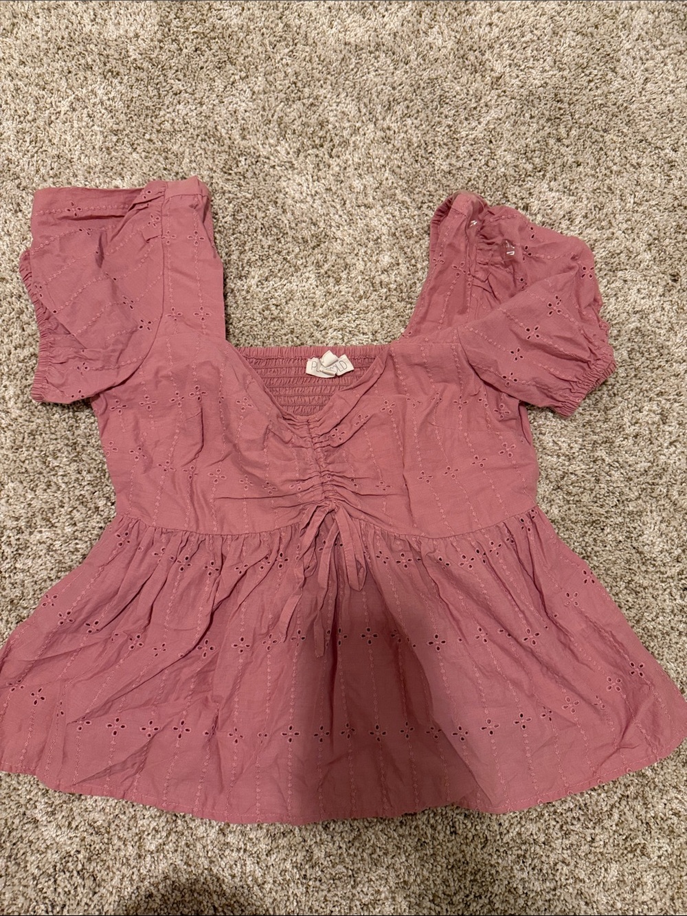 Planet Gold Rose Mauve Eyelet Ruched Peplum Blouse